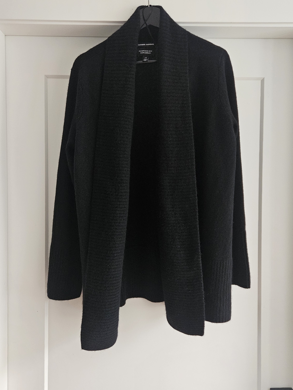 HBC Black Open-Front Shawl Collar Cardigan 100% Cashmere Sz Large
